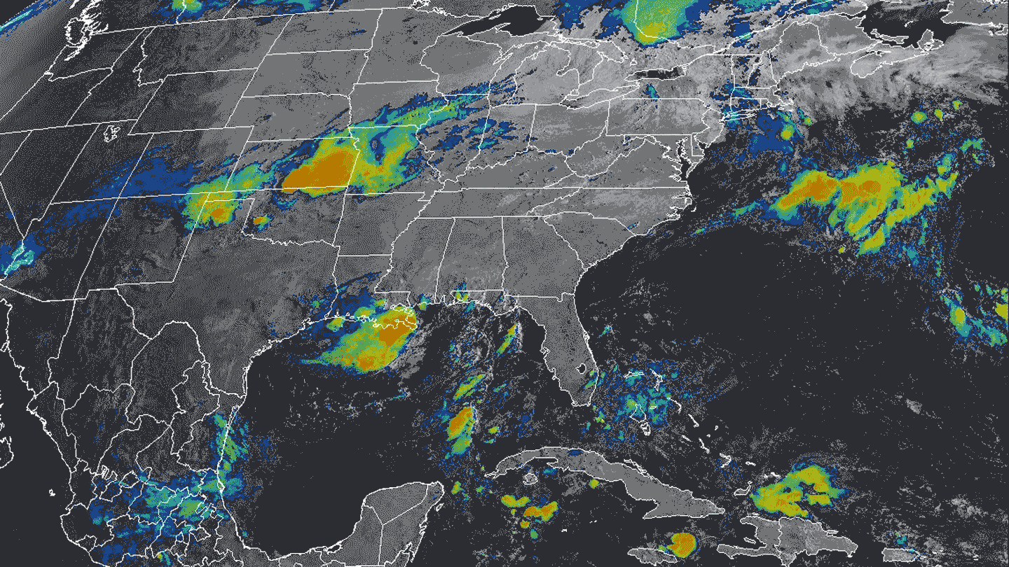 A satellite image of heavy precipitation over the United States on July 17, which may cause more flooding.