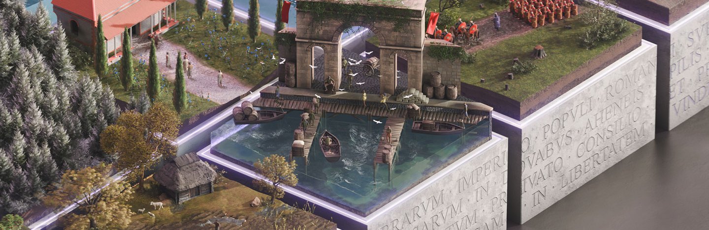 Illustrated snippets of ancient Roman life, featuring segmented scenes including a red-roofed temple, a Roman warship, an arched city gate with docked boats, soldiers marching, people farming and a marketplace with statues and smoke. The base is inscribed with Latin text.