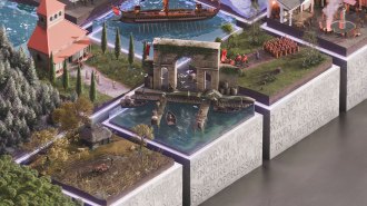 Illustrated snippets of ancient Roman life, featuring segmented scenes including a red-roofed temple, a Roman warship, an arched city gate with docked boats, soldiers marching, people farming and a marketplace with statues and smoke. The base is inscribed with Latin text.