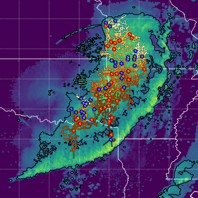 A composite image of lightning flashes recorded by radar at different elevations over the Midwest in October 2017.