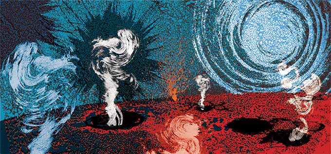 Illustration of Earth's Hadean Eon, showing a molten surface with smoking volcanos.