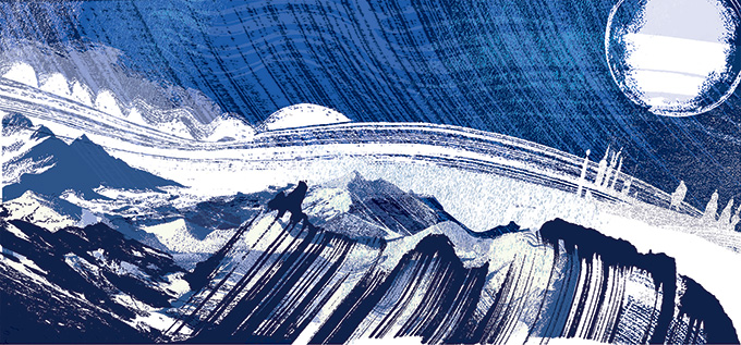 Illustration of Snowball Earth, showing a blue and white landscape.