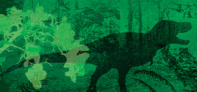 Illustration of the Cretaceous Period, showing a collage of plants and a dinosaur.