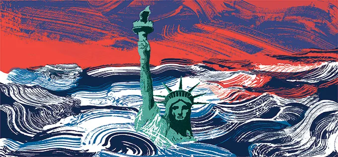 Illustration showing the Statue of Liberty surrounded by a tumultuous ocean that has risen to the level of her upper torso due to the collapse of Earth’s ice sheets.