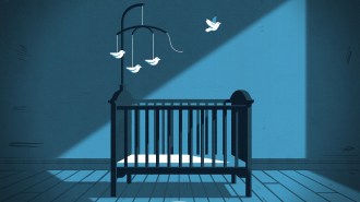Illustration of an empty crib with stark lighting. Over the crib, a bird from a mobile comes to life and flies towards the light, a poignant reminder of the innocent victims of child abuse.