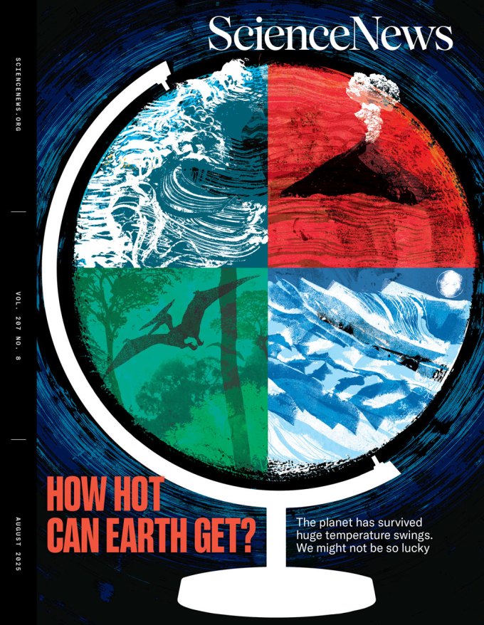 A montage of illustrations showing various times in our planet's history, from its fiery origins, through the dawn of life, dinosaurs and more.