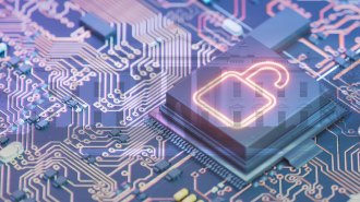 An image of a computer circuit with an open padlock is superimposed over an image of the White House, illustrating potential risks to data.