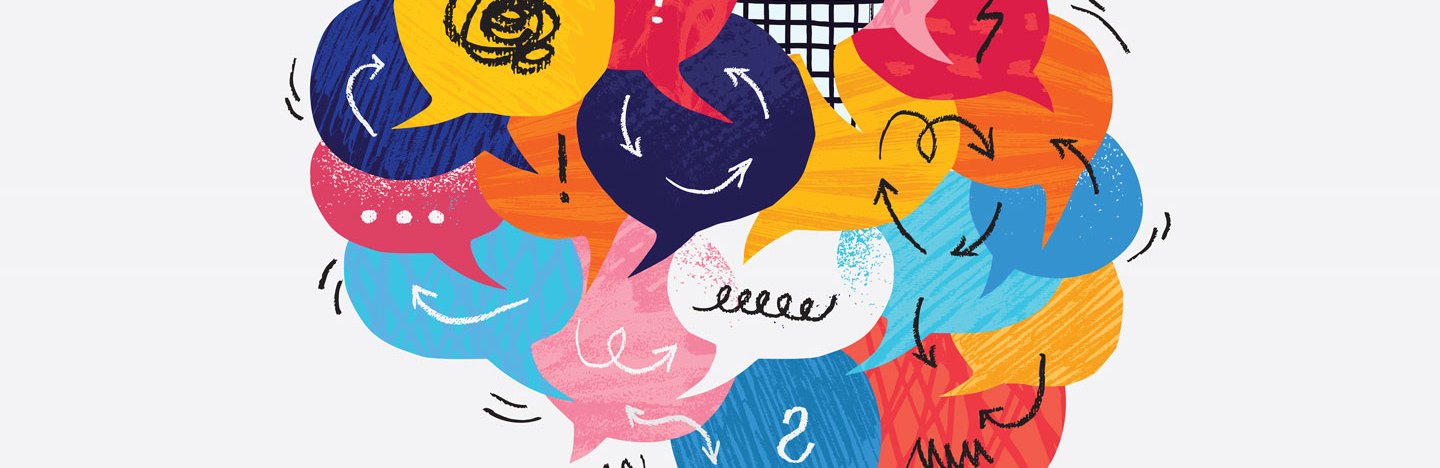 An abstract drawing of a brain made of colorful comic speaking bubbles filled with symbols and arrows to illustrate how patterns in ADHD might link to curiosity.