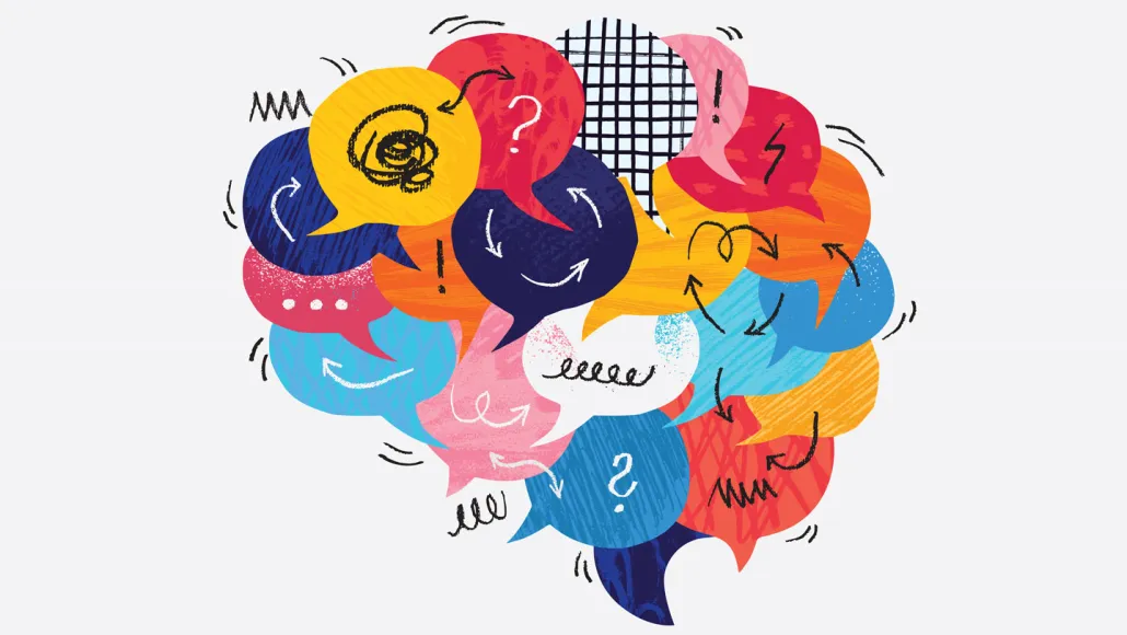 An abstract drawing of a brain made of colorful comic speaking bubbles filled with symbols and arrows to illustrate how patterns in ADHD might link to curiosity.