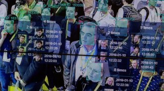 Facial recognition surveillance interface showing multiple detected faces with green bounding boxes, tracking IDs, timestamps and frequency counts, displaying real-time identification of people in a crowd.