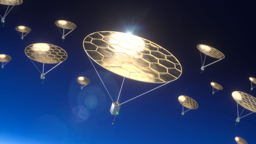 Shiny, disk-shaped aircraft carry small payloads below them in an illustration