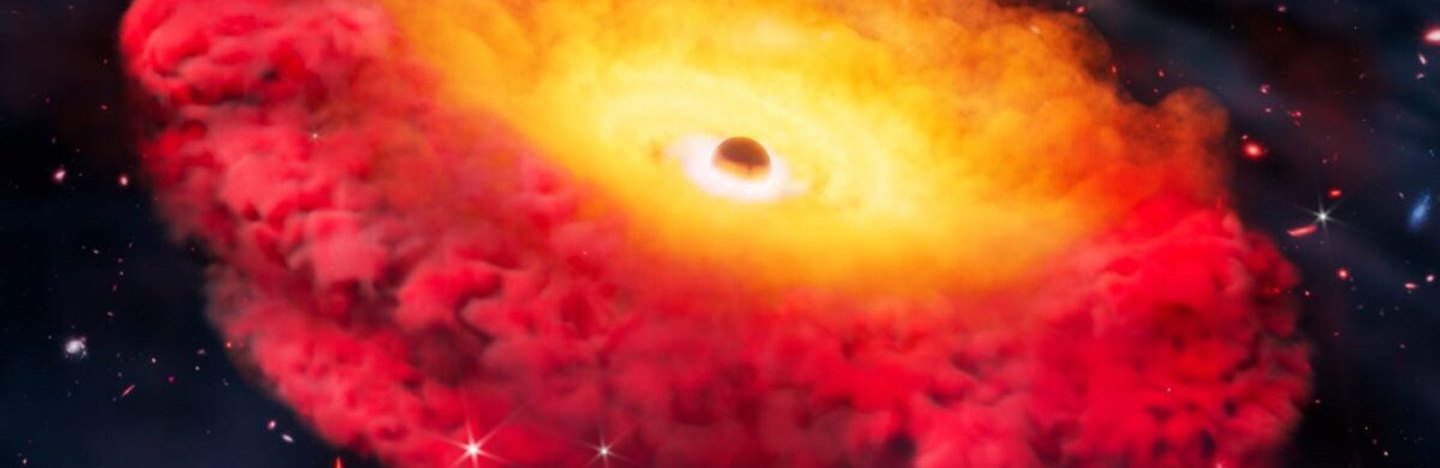A sphere representing a black hole sits in the middle of a glowing gas cloud. The donut-shaped cloud is bright yellow towards the center and red towards the outer edge.