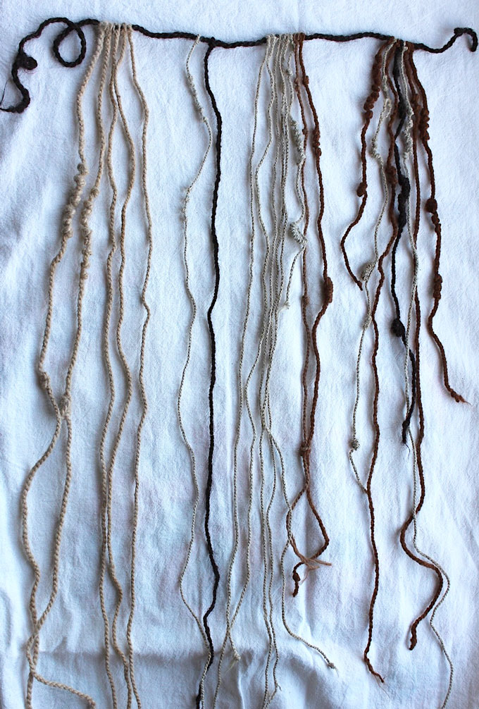 An image of a khipu, an Inca recordkeeping device. It consists of a string across the top from which knotted strings dangle.