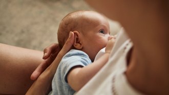 A young baby breast feeding.