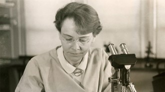 Barbara McClintock, an American biologist who won the 1983 Nobel Prize in physiology or medicine looking down with a microscope next to her face