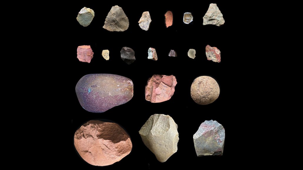 A matrix of stone tools on a black background.