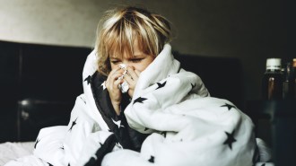 A blond child wrapped in a duvet blows their nose