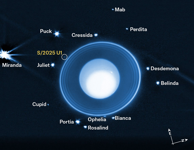 An image of Uranus in which the planet looks blue and some of it's narrow rings glow in almost a perfect circle around it. Some of its moons are visible as bright spots and labeled. The new moon, circled and labeled with its current name S/2025 U1, sits just beyond the brightest ring.