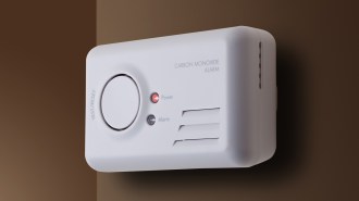 A white carbon monoxide monitor is shown mounted on a dark brown wall. The alarm has a large white button to "test/reset" on the left. To the right of the button are two round indicators for "power" and "alarm"
