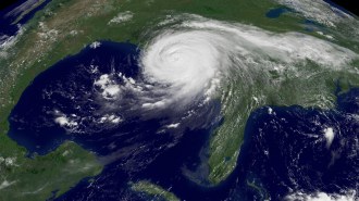 A satellite image of Hurricane Katrina just before it makes landfall on the Gulf Coast.