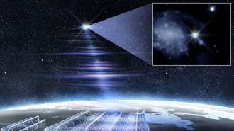 Illustration of a fast radio burst traveling from a galaxy in the constellation Ursa Major to a telescope array in North America.