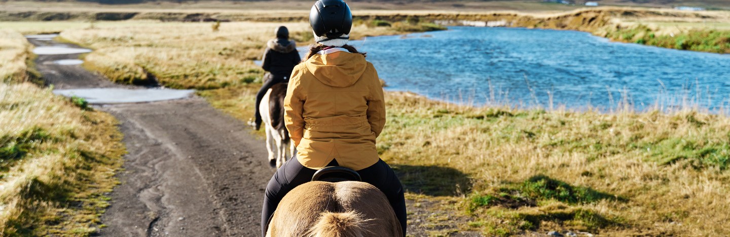 Two people riding horses by an alpine pond are shown from behind.