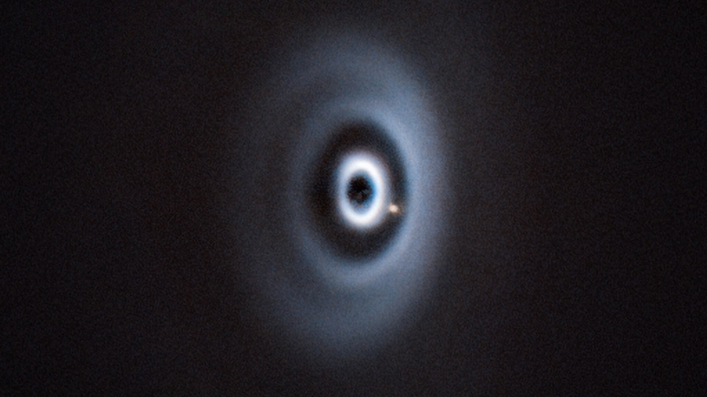 A bullseye shape with alternating rings of white glowing dust and empty space. A reddish dot — a newborn planet — sits in a ring of empty space.