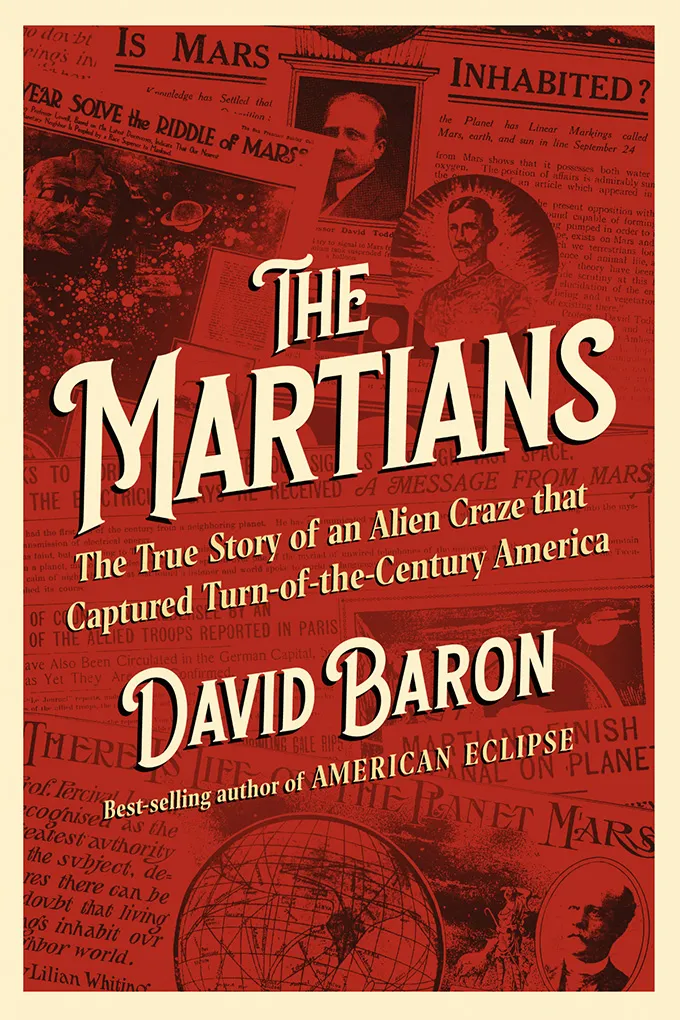 A book cover with a red background showing headlines from various media types.