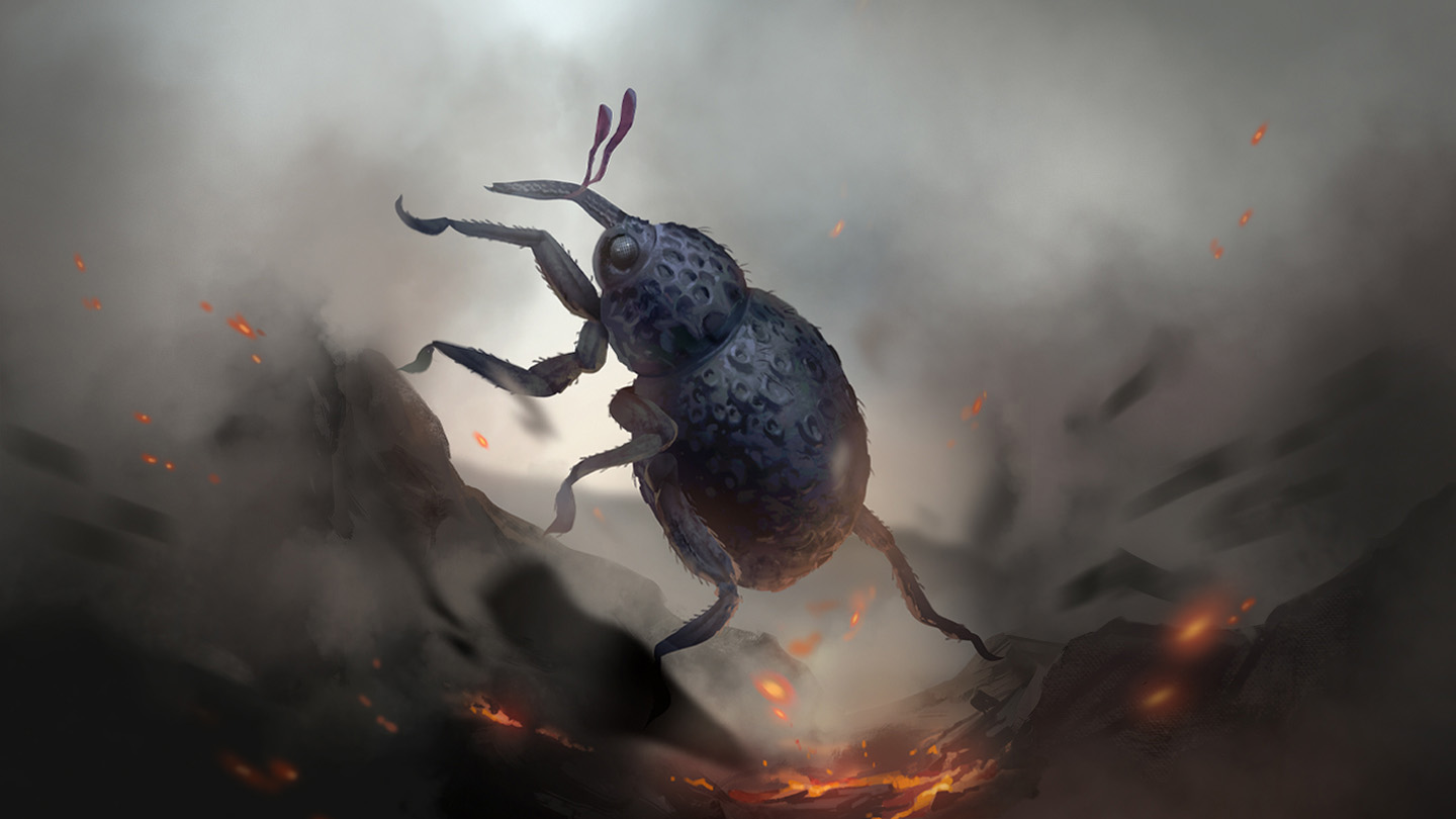 illustration of a weevil surviving fiery remains, like a phoenix