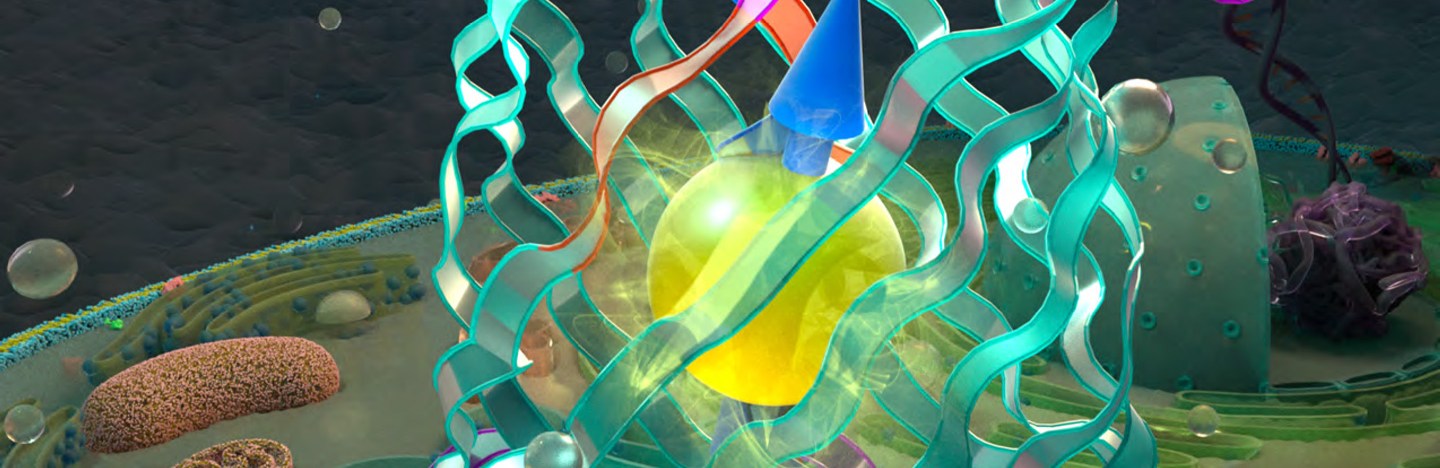 A cage of wiggly lines representing a protein structure surrounds a glowing sphere.