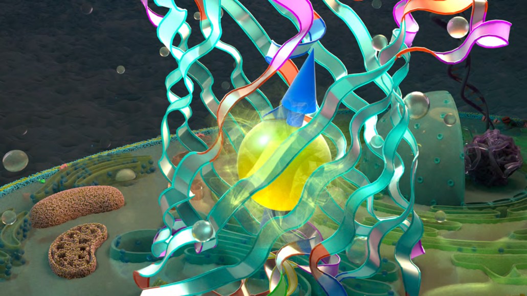 A cage of wiggly lines representing a protein structure surrounds a glowing sphere.