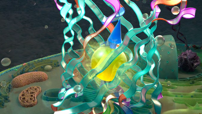 A cage of wiggly lines representing a protein structure surrounds a glowing sphere.