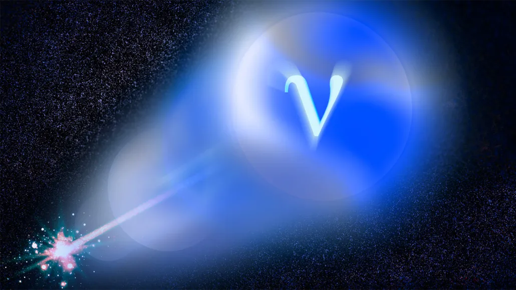 A burst of bright spots in the lower left part of this illustration is channeled into a bright beam of light marked by the Greek letter ν to symbolize that it's a beam of neutrinos, not photons or light.