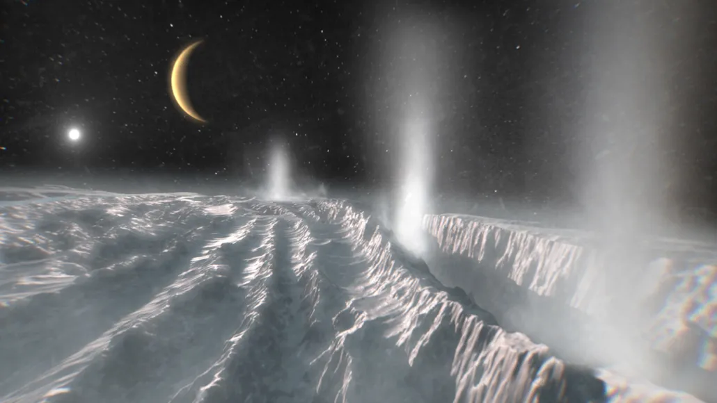 An illustration of Enceladus' landscape with icy ridges and geysers spewing ice and water.