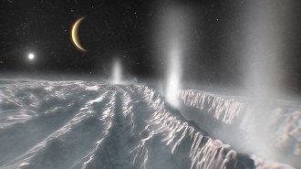 An illustration of Enceladus' landscape with icy ridges and geysers spewing ice and water.