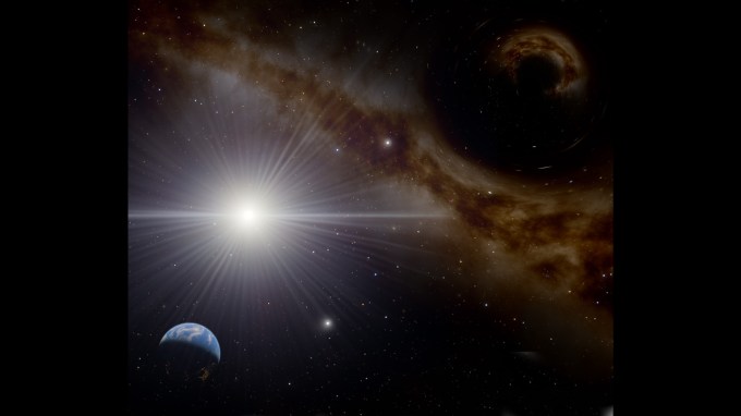 An illustration of the Earth, a bright, glowing neutrino and a black hole.