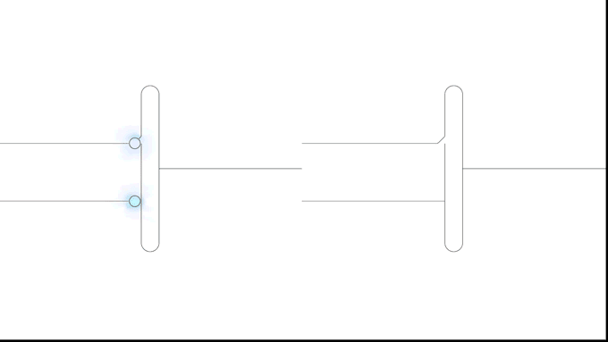 Two gifs. On the right, a gif of blue dots representing energy traveling across a line and then turning around and moving back into the barrier. On the left, the dots hit the line and explode into a firelike burst representing energy