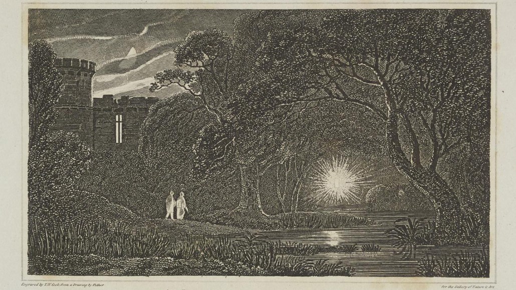 A black and white engraving of a bright light hovering over a swampy creek. Trees overhang the water and two people are shown walking nearby, while a castle looms in the background.