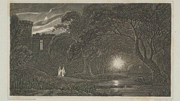 A black and white engraving of a bright light hovering over a swampy creek. Trees overhang the water and two people are shown walking nearby, while a castle looms in the background.