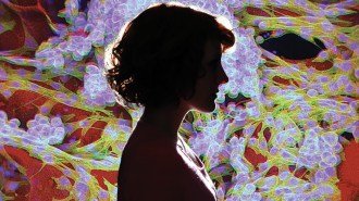 An illustration of a young adult in silhouette profiled against a brightly colored microscopic image of cancer tissue