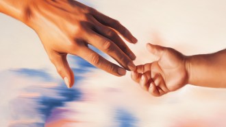 An illustration of an adult and child cancer patient reaching for each other