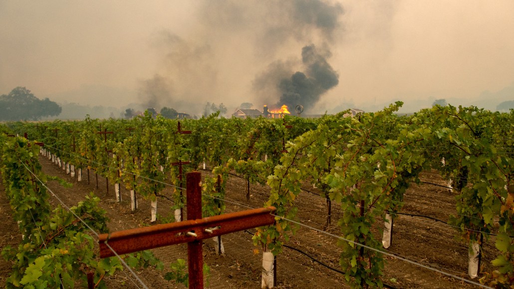 Grapevines grow in rows in the foreground of this view of a winery, while the sky is filled with smoke from a nearby wildfire. A stucture burns in the background.