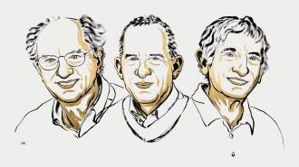 An illustration shows three men, John Clarke, Michel Devoret and John Martinis, who collectively won the 2025 Nobel Prize in physics for demonstrating quantum effects in an electric circuit.