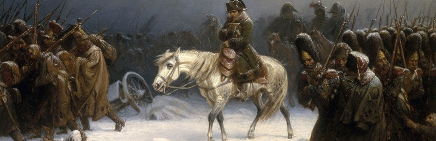 A painting of Napoleon riding a white horse over snowy ground, with his freezing army surrounding him.