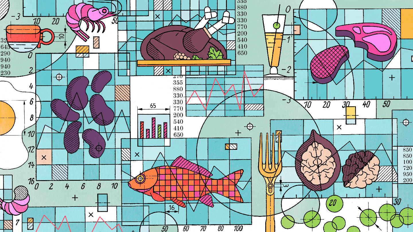 A illustration of different protein sources, including beans, meat, fish and other foods drawn over generic graphs and charts.