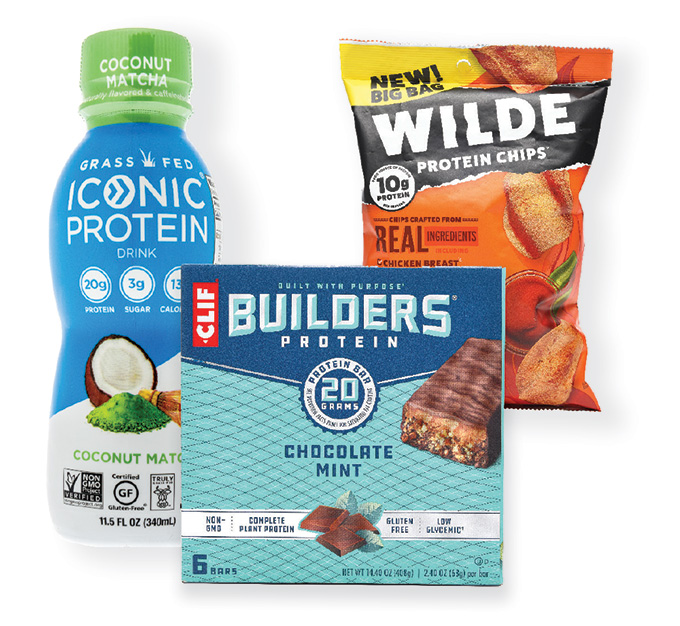 A collage of a protein shake bottle, a box of protein bars and a bag of protein chips.