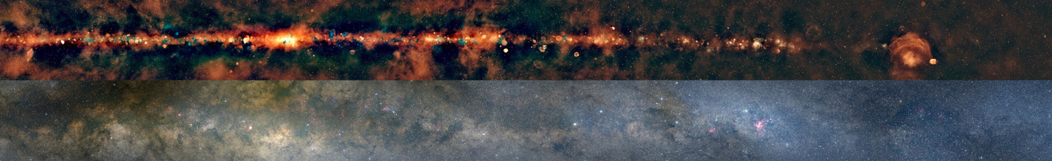 An image of the Milky Way in radio light shows a long stretch of red splotches interspersed with blue dots. Below it is the same region of the Milky Way in visible light, showing twinkling stars and other objects.