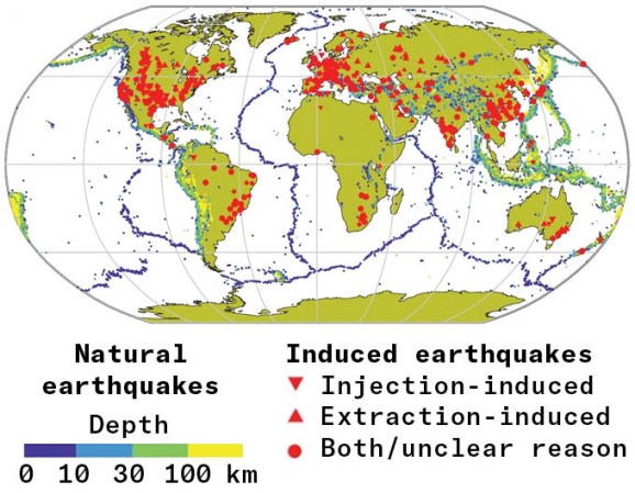 A world map showing locations of natural earthquakes by depth and induced earthquakes marked by different symbols.
