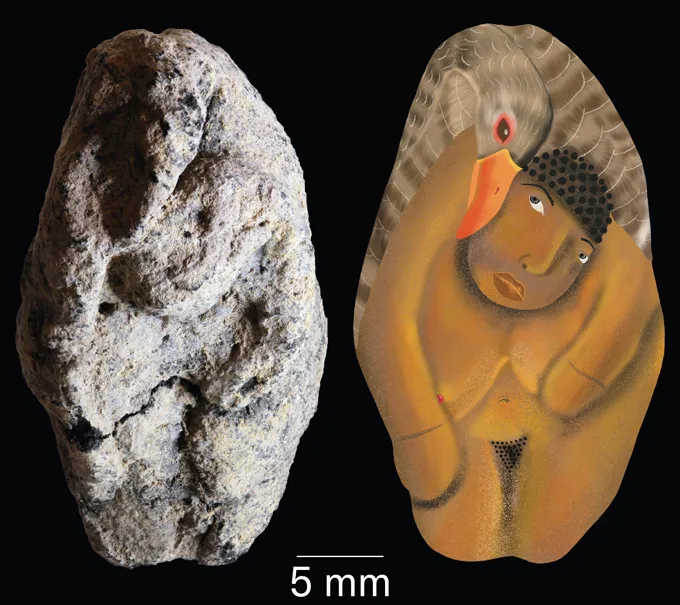 Two side-by-side figures show an ancient tiny figurine next to an artist's reconstruction, which reveals that the clay sculpture depicts a goose hugging a woman.
