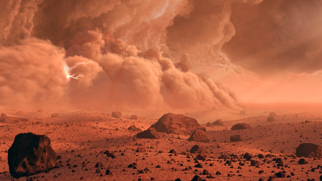A dust storm front rolls toward the right across a reddish, rocky landscape. An electrical arc is shown in the dust front.